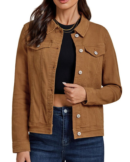 Texairon Women's Classic Lightweight Stretch Button Down Long Sleeve Denim Jacket with Soft Turn Down Collar