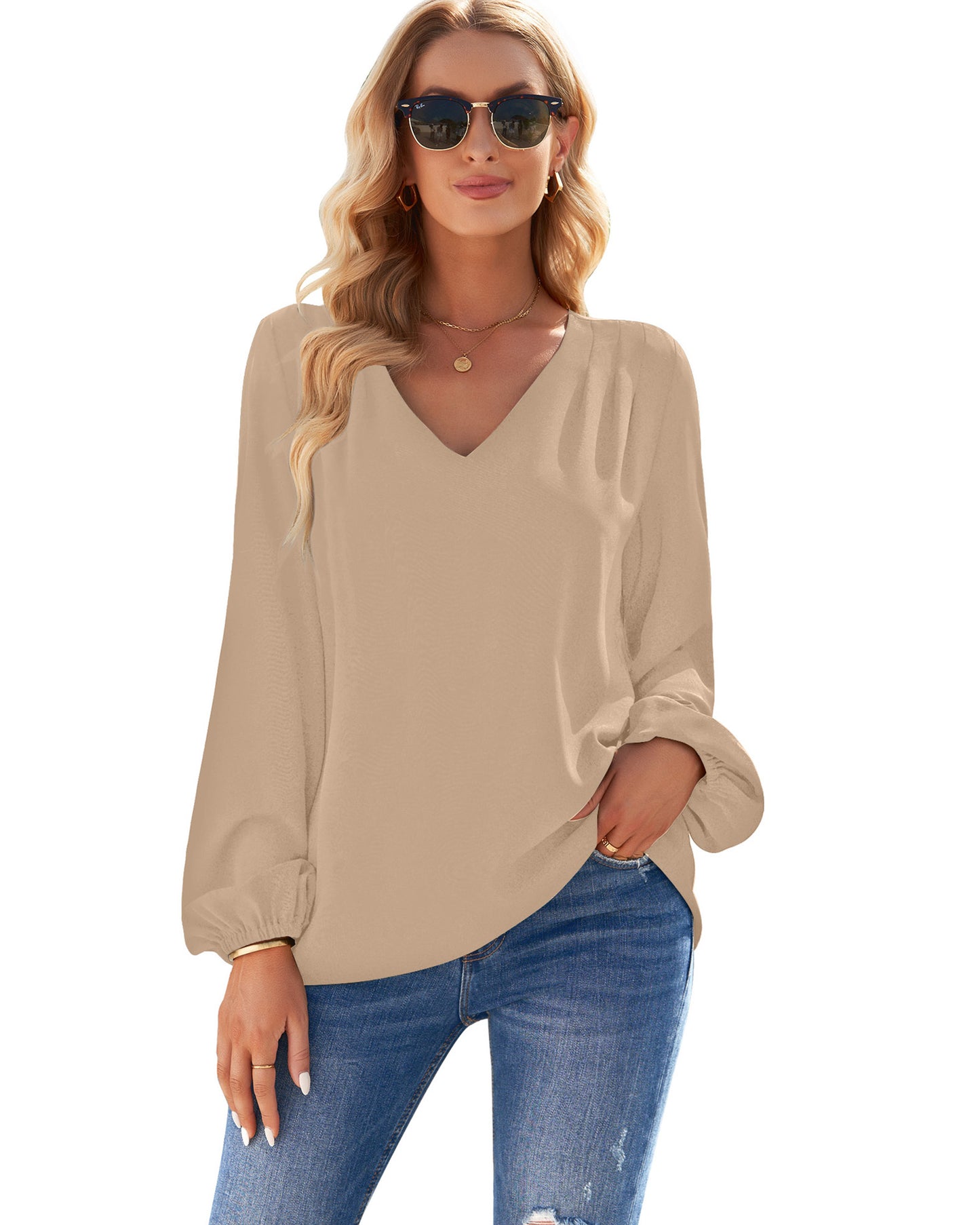 Texairon Chic Top for Women's Elegant Dressy Casual Blouses with V Neck Long Sleeve