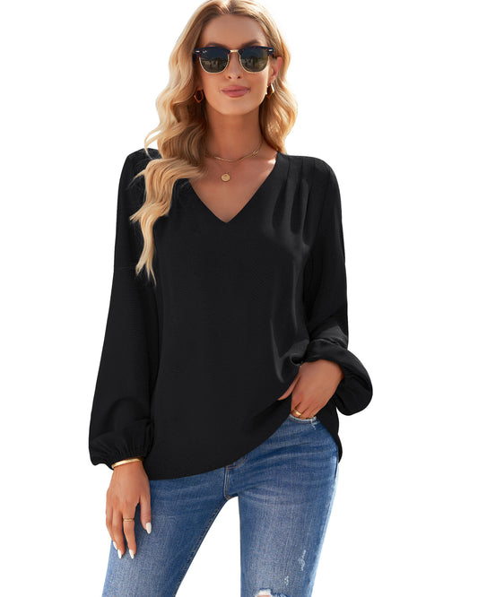 Texairon Chic Top for Women's Elegant Dressy Casual Blouses with V Neck Long Sleeve