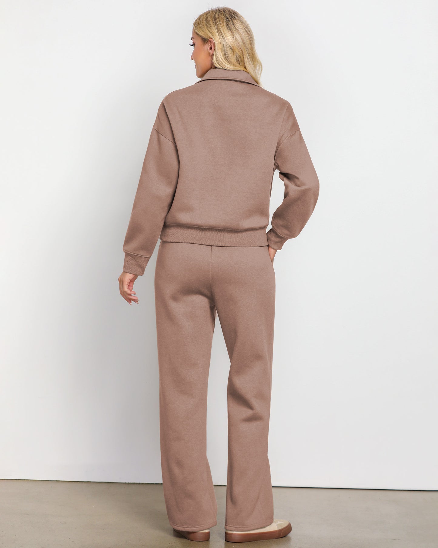 Texairon Women's Fleece Relaxed Fit Two Piece Set Half Zipper Sweatshirt with Flowy Wide Leg Sweatpants Yoga Essentials