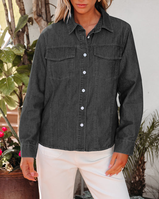 Texairon Women's Denim Button Down Shacket Casual Long Sleeve Shirt with Collar Pocket & Adjustable Cuffs