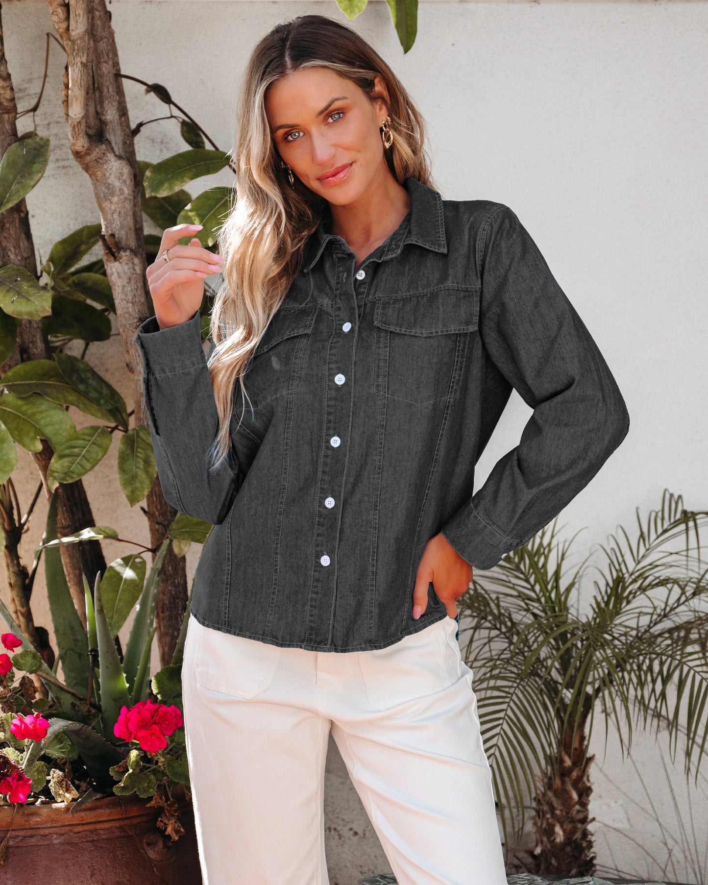 Texairon Women's Denim Button Down Shacket Casual Long Sleeve Shirt with Collar Pocket & Adjustable Cuffs