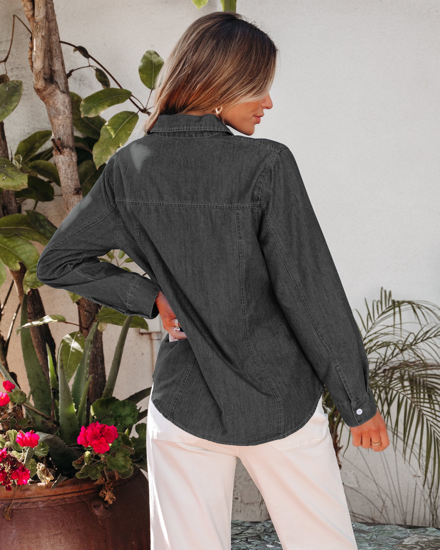 Texairon Women's Denim Button Down Shacket Casual Long Sleeve Shirt with Collar Pocket & Adjustable Cuffs