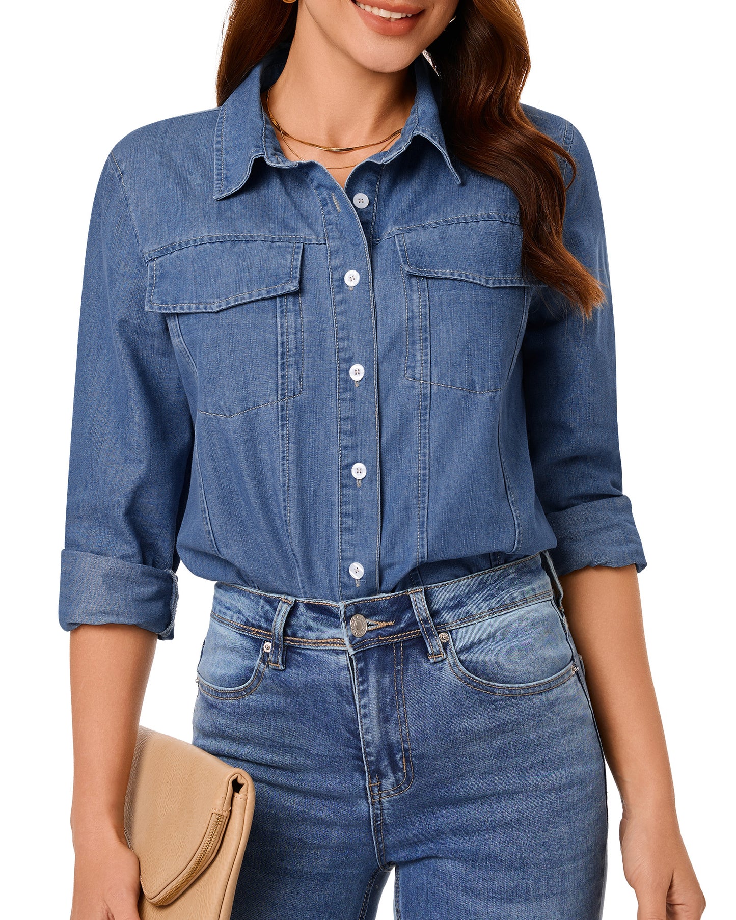 Texairon Women's Denim Button Down Shacket Casual Long Sleeve Shirt with Collar Pocket & Adjustable Cuffs