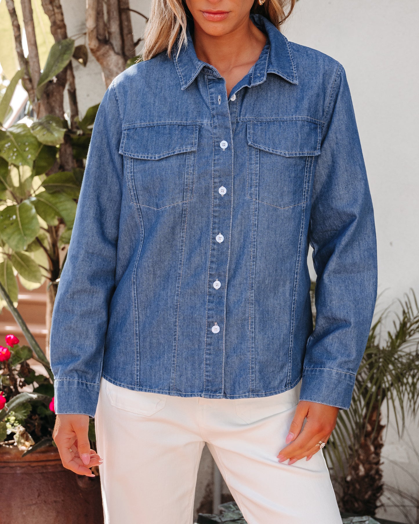 Texairon Women's Denim Button Down Shacket Casual Long Sleeve Shirt with Collar Pocket & Adjustable Cuffs