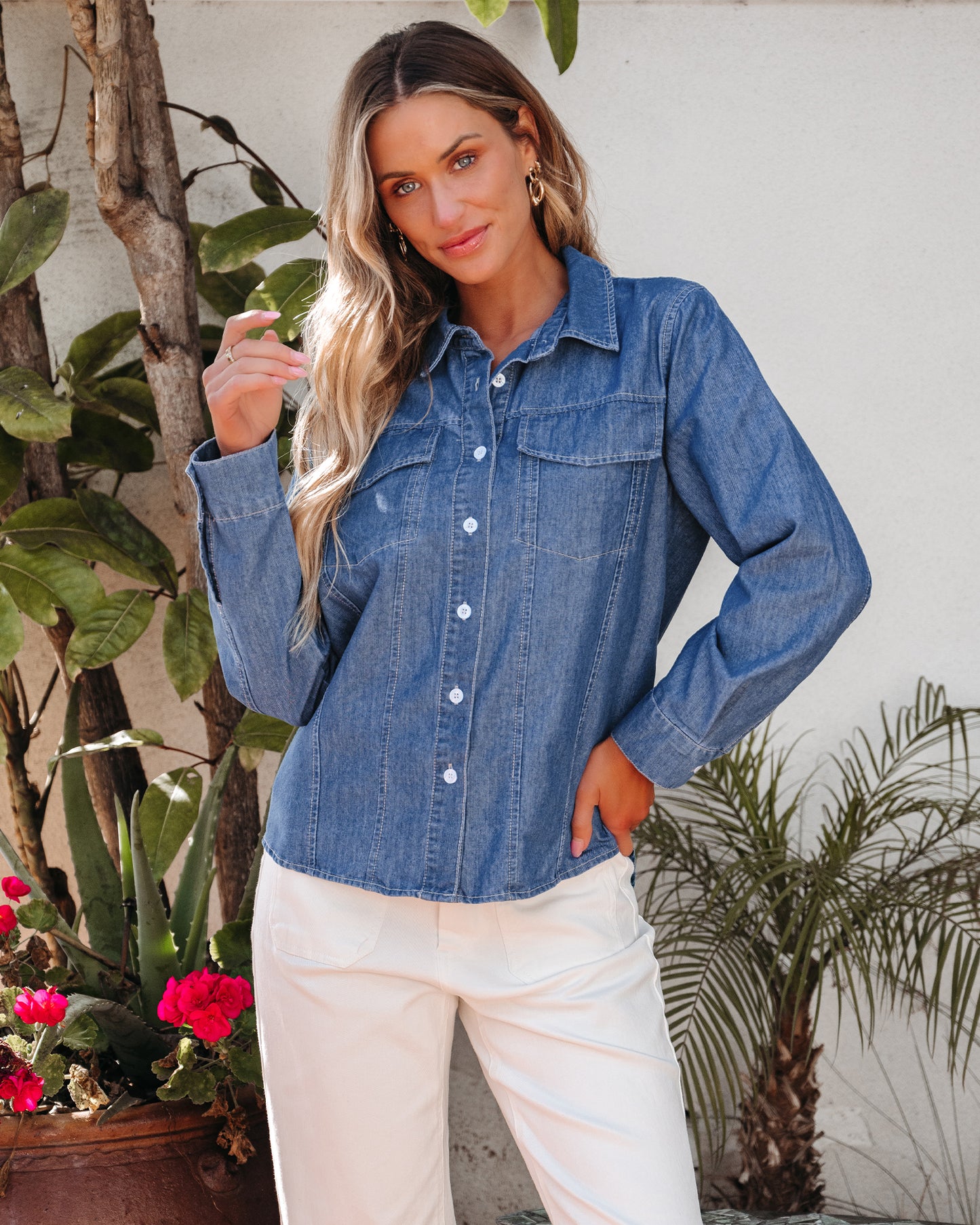 Texairon Women's Denim Button Down Shacket Casual Long Sleeve Shirt with Collar Pocket & Adjustable Cuffs