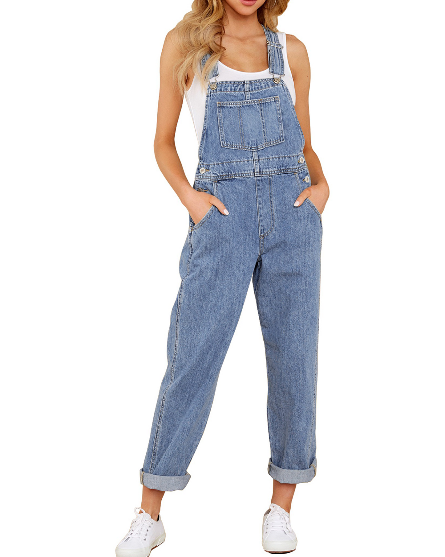 Texairon Loose Fit Denim Overalls Jumpsuit Women Vintage Wash Bib Front Wide Leg Pants