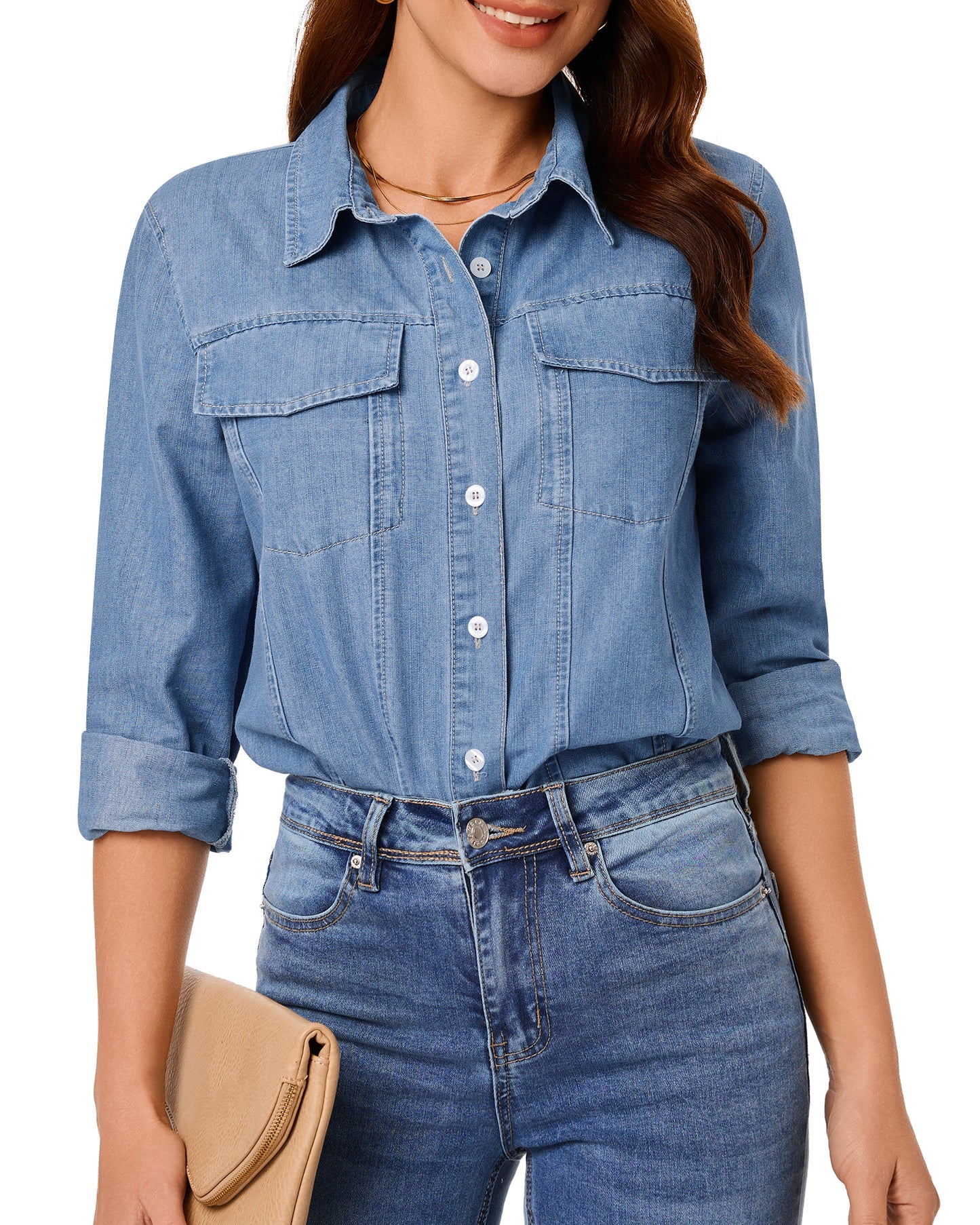 Texairon Women's Denim Button Down Shacket Casual Long Sleeve Shirt with Collar Pocket & Adjustable Cuffs