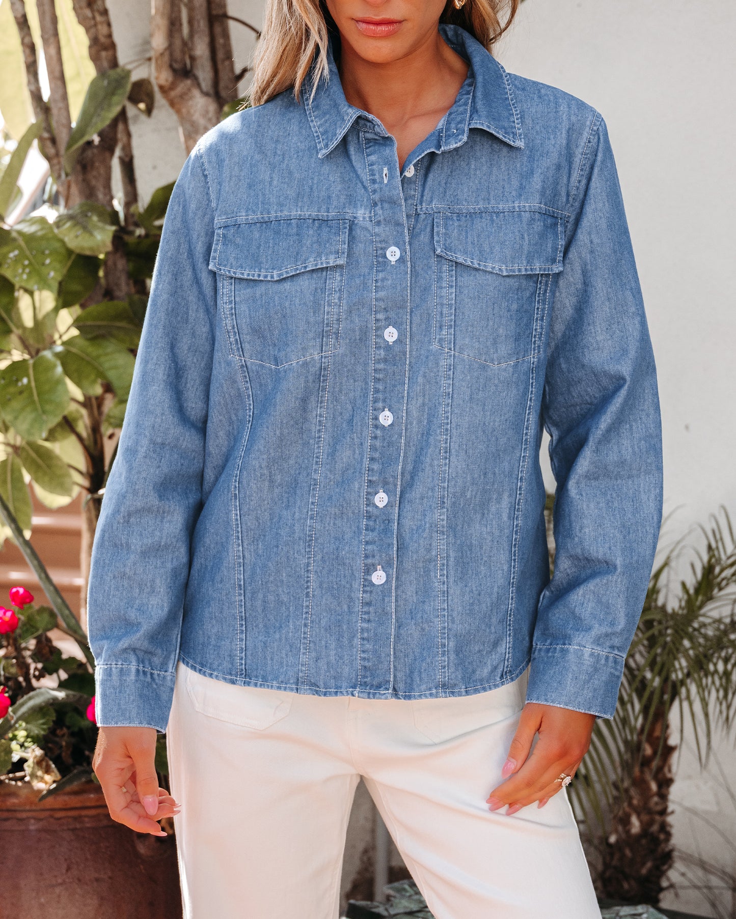 Texairon Women's Denim Button Down Shacket Casual Long Sleeve Shirt with Collar Pocket & Adjustable Cuffs
