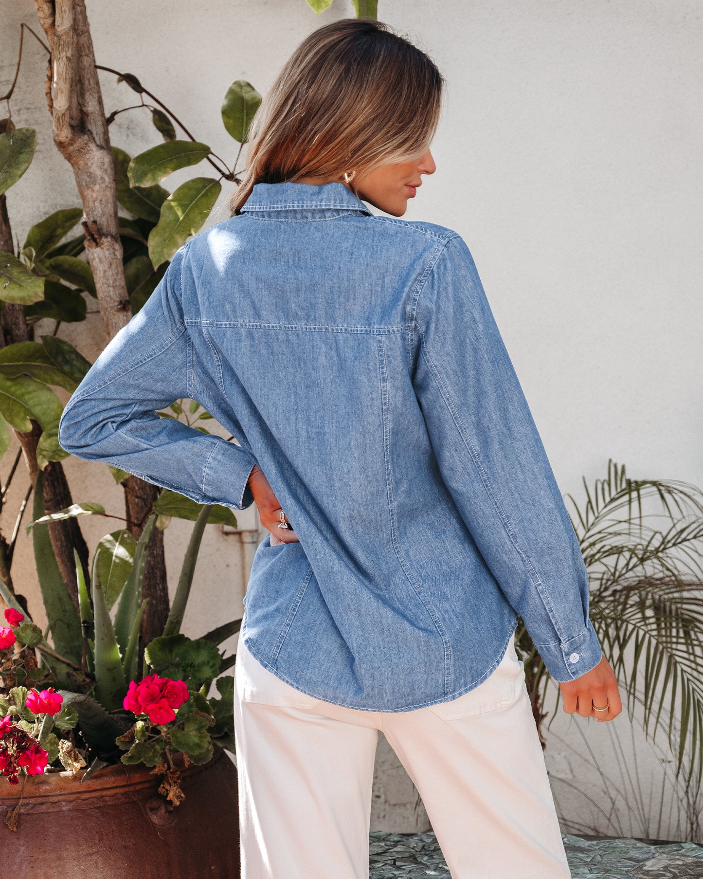 Texairon Women's Denim Button Down Shacket Casual Long Sleeve Shirt with Collar Pocket & Adjustable Cuffs