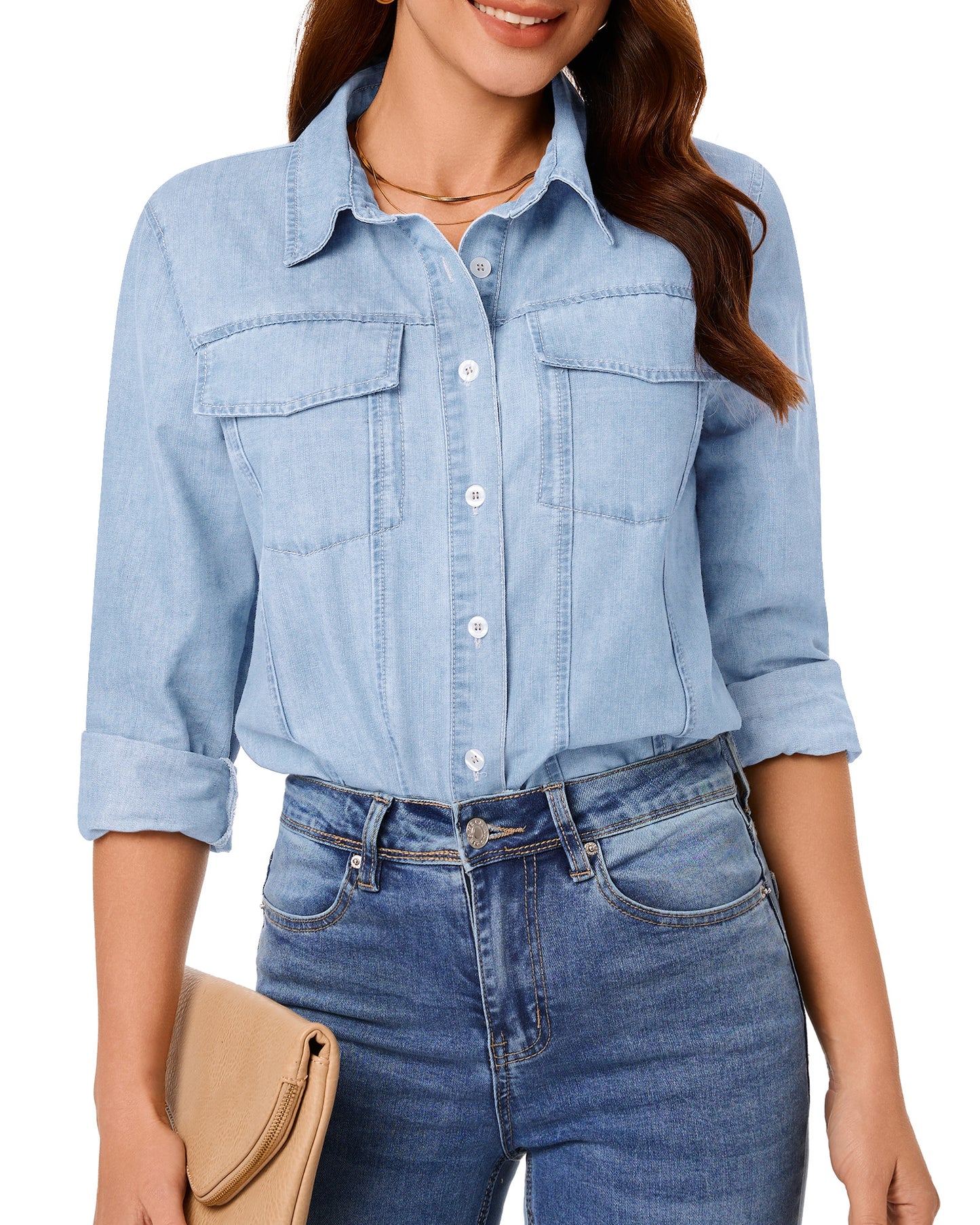 Texairon Women's Denim Button Down Shacket Casual Long Sleeve Shirt with Collar Pocket & Adjustable Cuffs