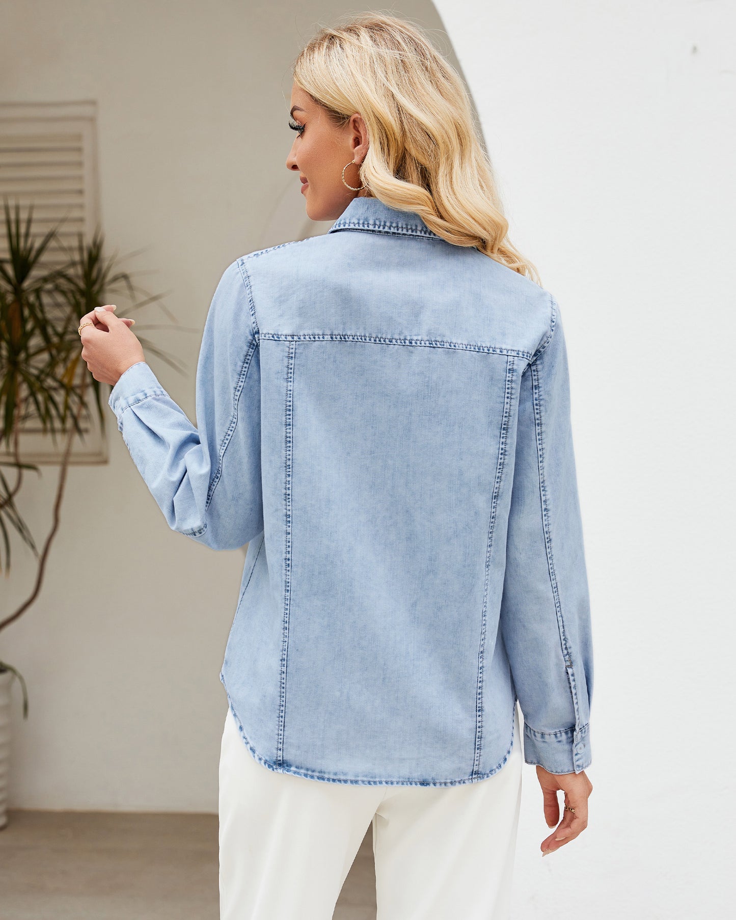 Texairon Women's Denim Button Down Shacket Casual Long Sleeve Shirt with Collar Pocket & Adjustable Cuffs