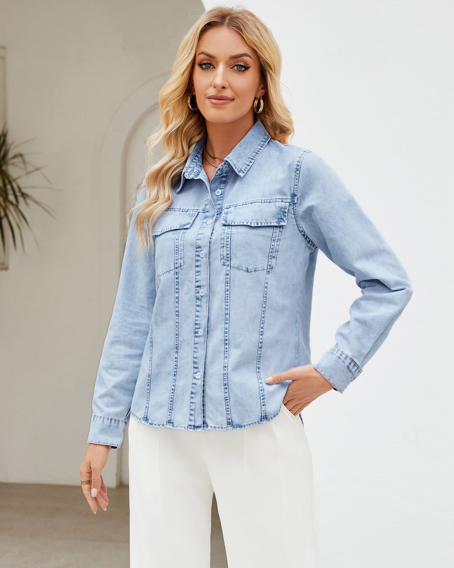 Texairon Women's Denim Button Down Shacket Casual Long Sleeve Shirt with Collar Pocket & Adjustable Cuffs