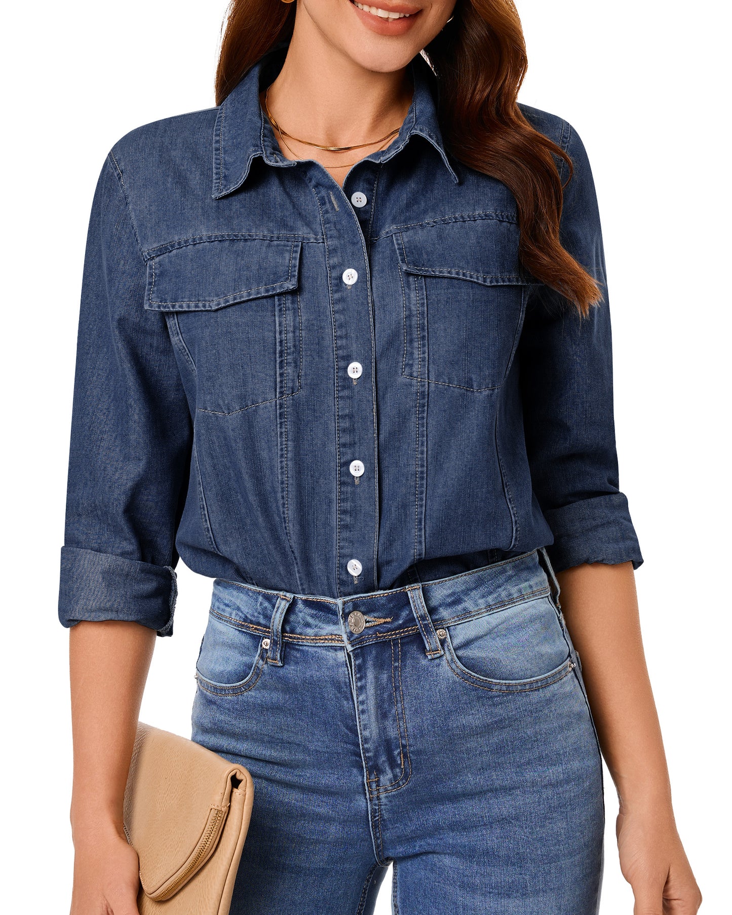Texairon Women's Denim Button Down Shacket Casual Long Sleeve Shirt with Collar Pocket & Adjustable Cuffs