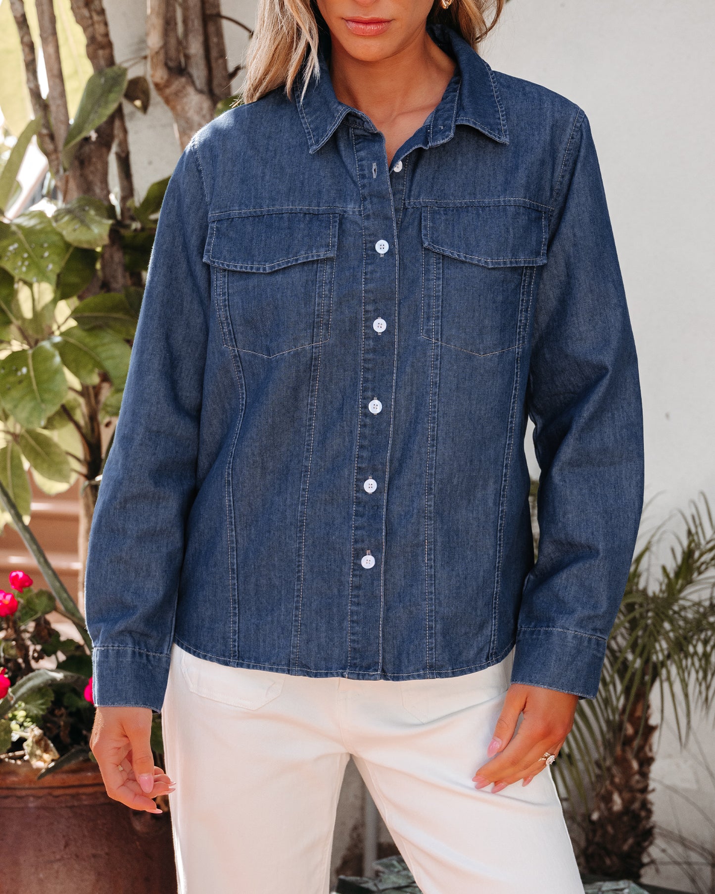 Texairon Women's Denim Button Down Shacket Casual Long Sleeve Shirt with Collar Pocket & Adjustable Cuffs