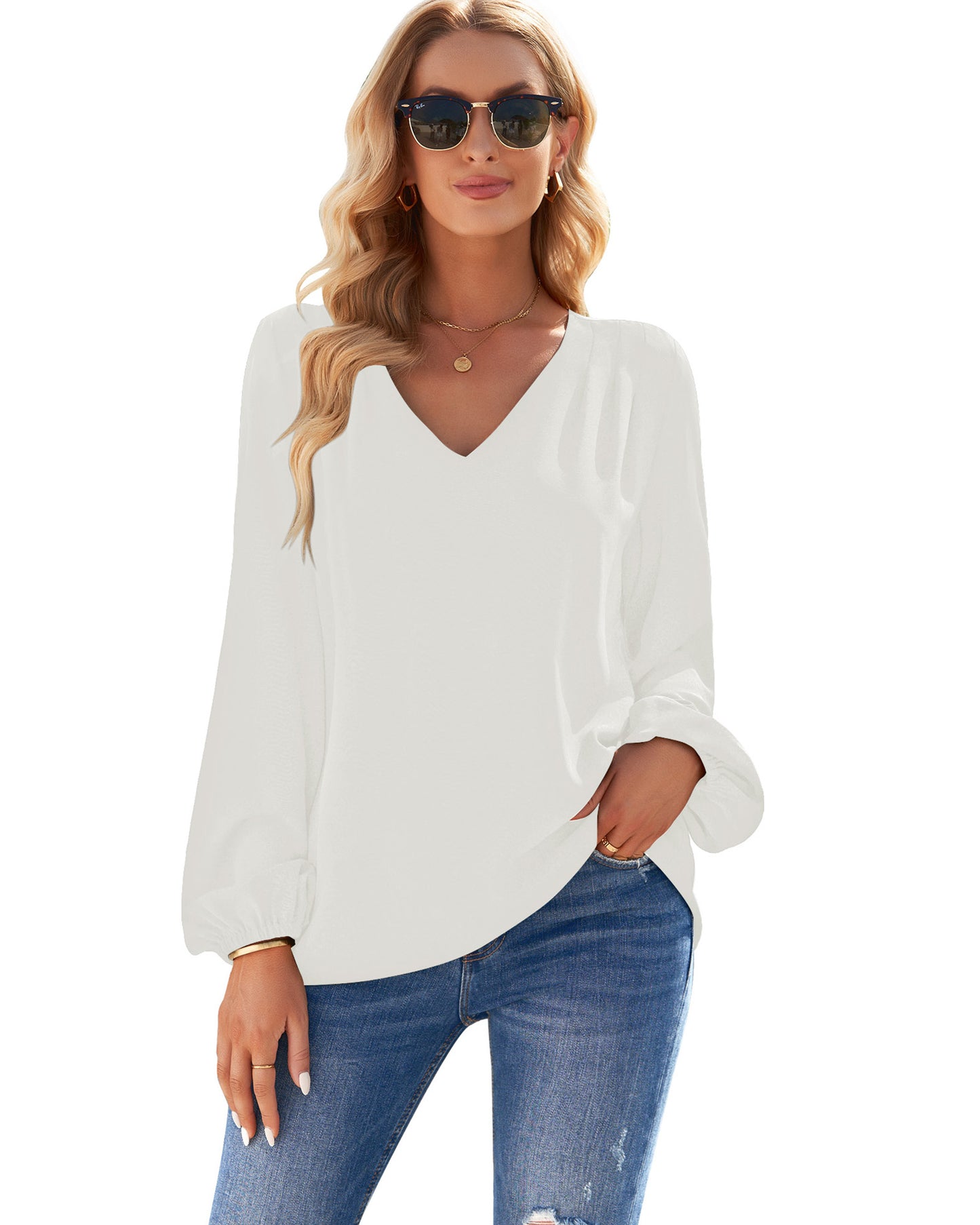 Texairon Chic Top for Women's Elegant Dressy Casual Blouses with V Neck Long Sleeve