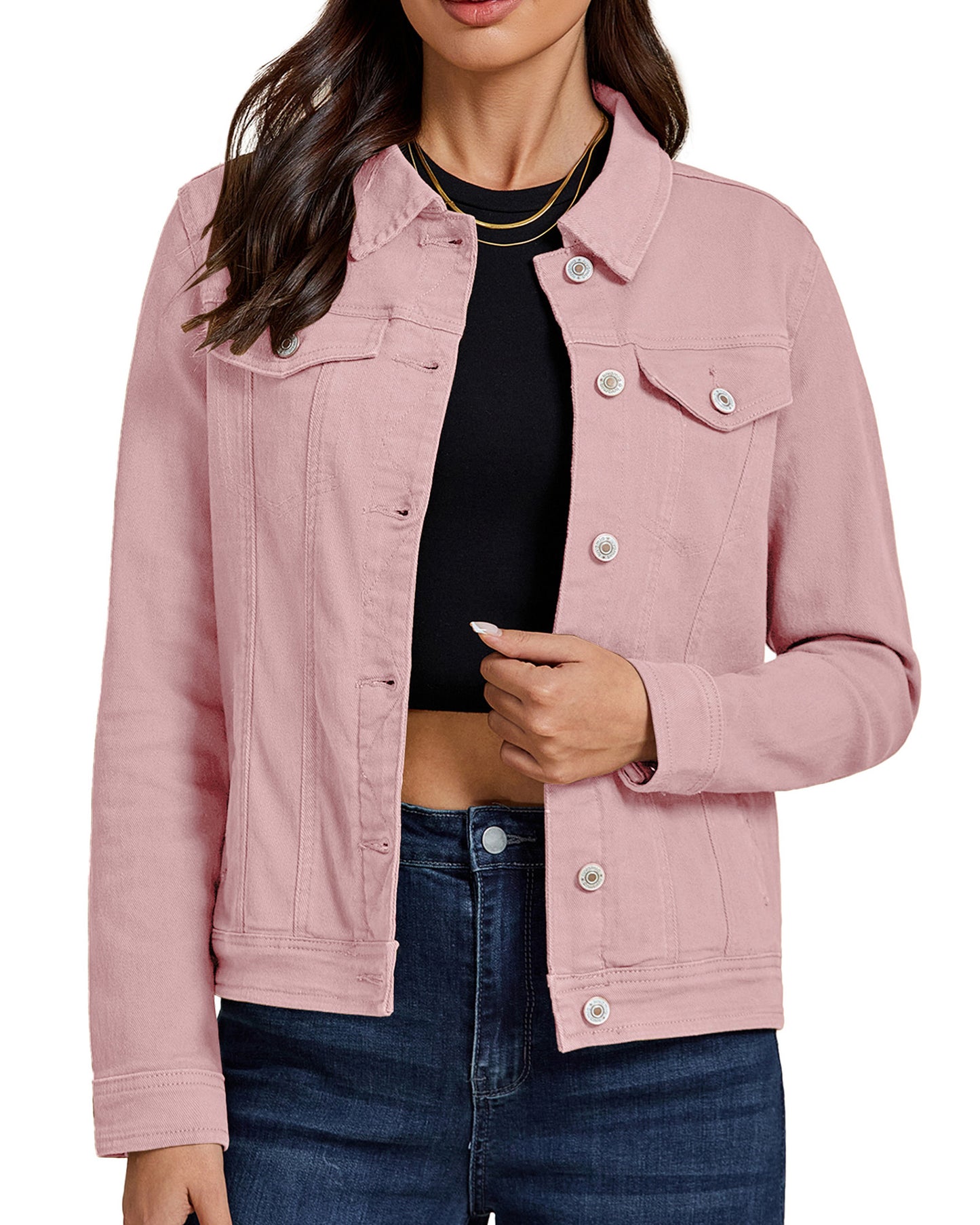 Texairon Women's Classic Lightweight Stretch Button Down Long Sleeve Denim Jacket with Soft Turn Down Collar