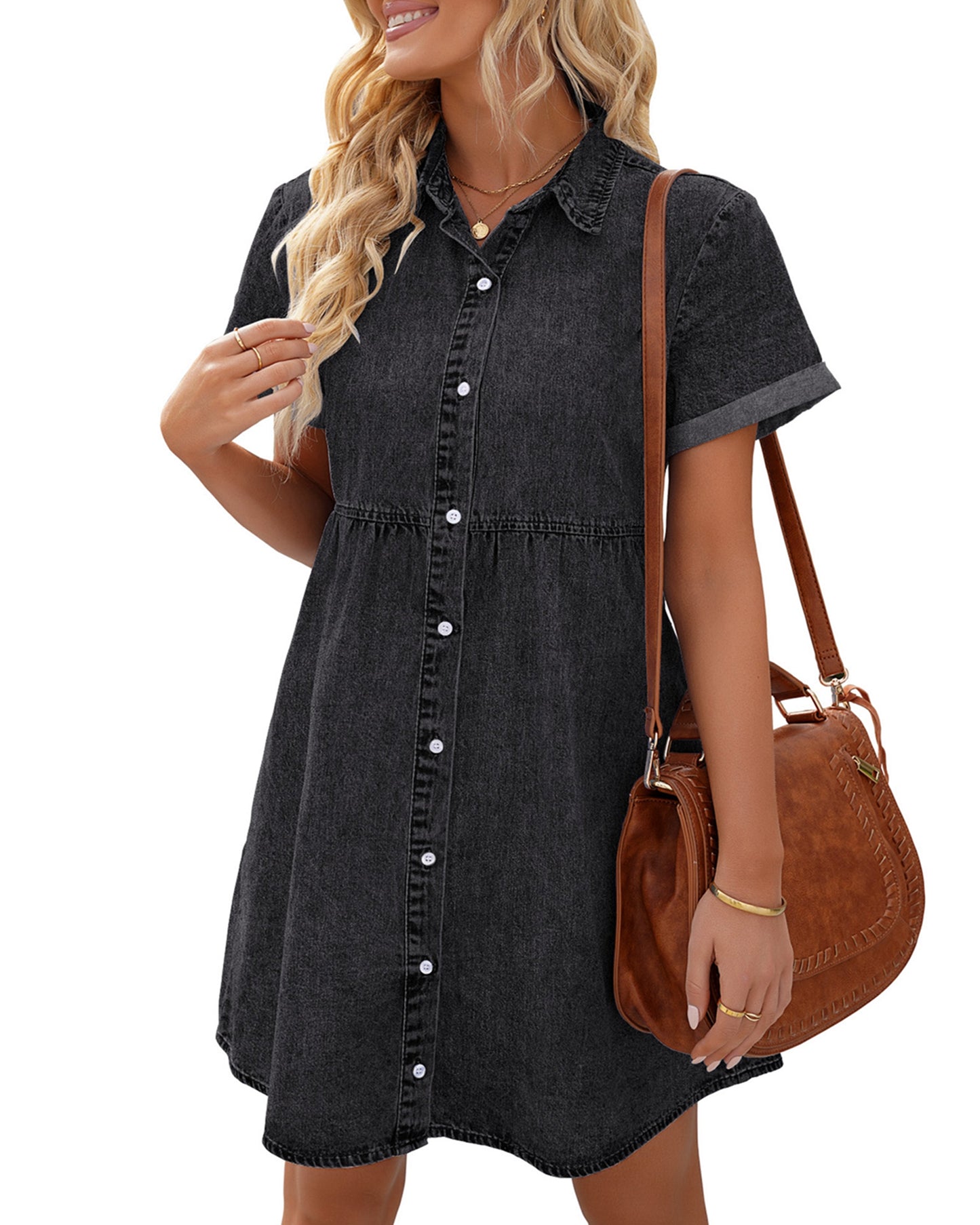 Texairon Denim Babydoll Dress for women's Tiered  Button Down Lapel Collar Jean Short Dresses in Summer