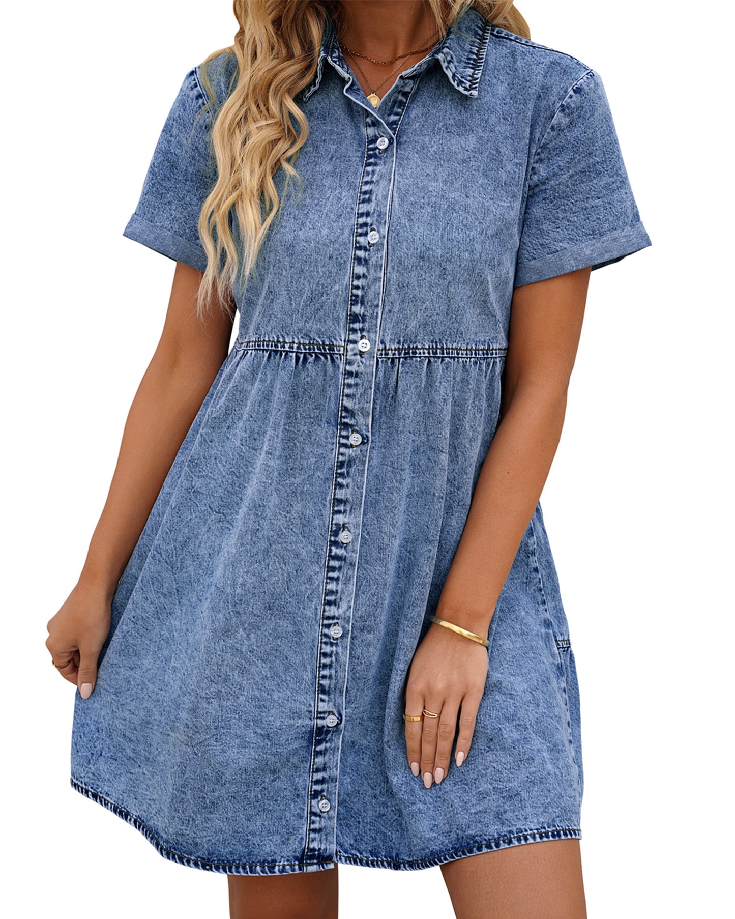 Texairon Denim Babydoll Dress for women's Tiered  Button Down Lapel Collar Jean Short Dresses in Summer