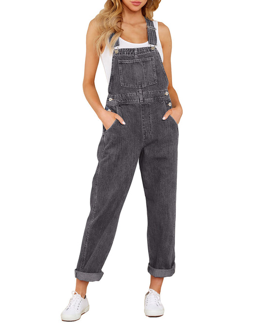 Texairon Loose Fit Denim Overalls Jumpsuit Women Vintage Wash Bib Front Wide Leg Pants