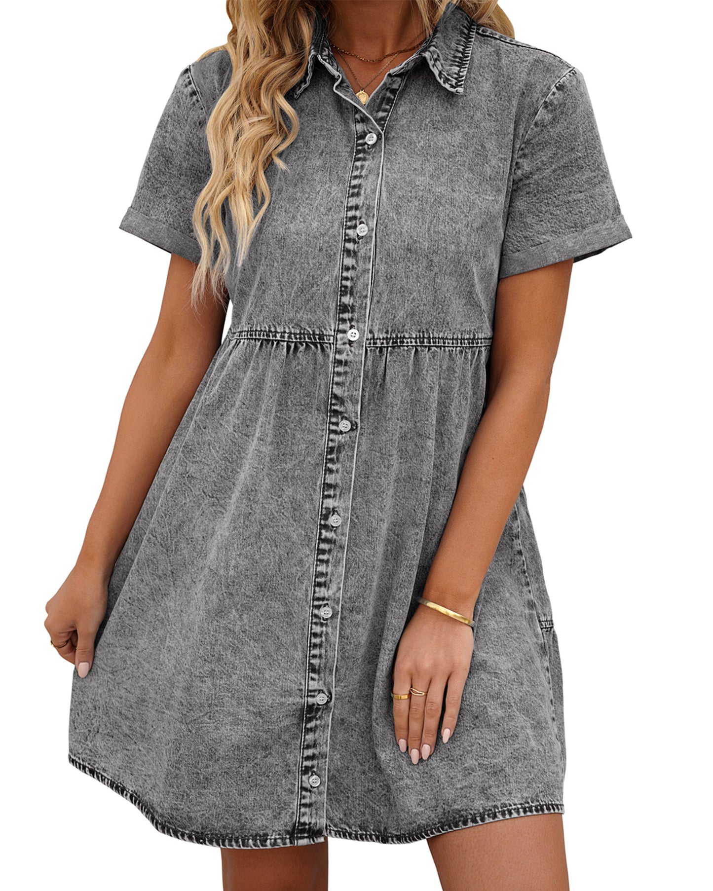 Texairon Denim Babydoll Dress for women's Tiered  Button Down Lapel Collar Jean Short Dresses in Summer