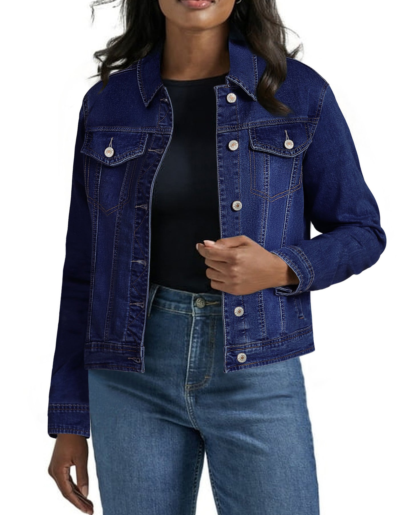 Texairon Women's Classic Lightweight Stretch Button Down Long Sleeve Denim Jacket with Soft Turn Down Collar