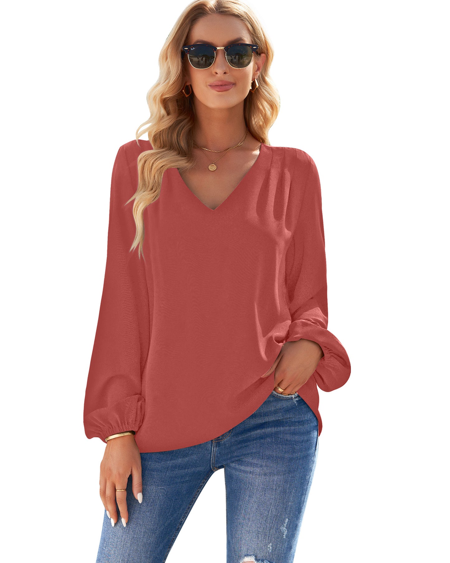 Texairon Chic Top for Women's Elegant Dressy Casual Blouses with V Neck Long Sleeve