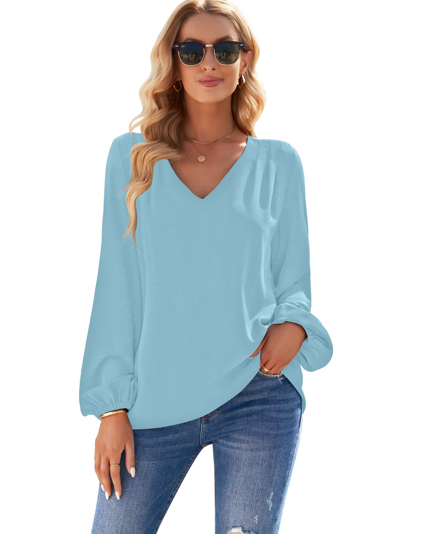 Texairon Chic Top for Women's Elegant Dressy Casual Blouses with V Neck Long Sleeve