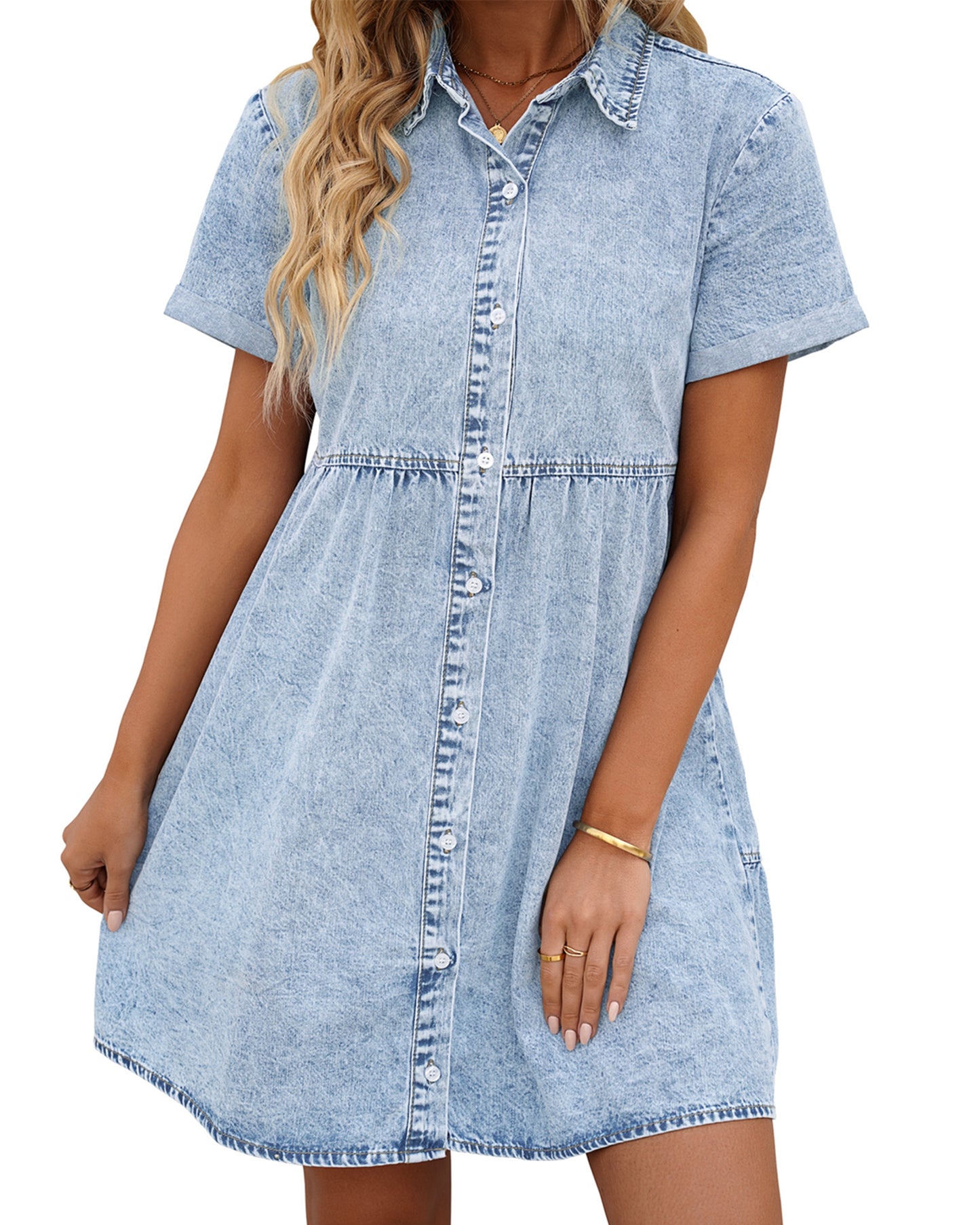 Texairon Denim Babydoll Dress for women's Tiered  Button Down Lapel Collar Jean Short Dresses in Summer