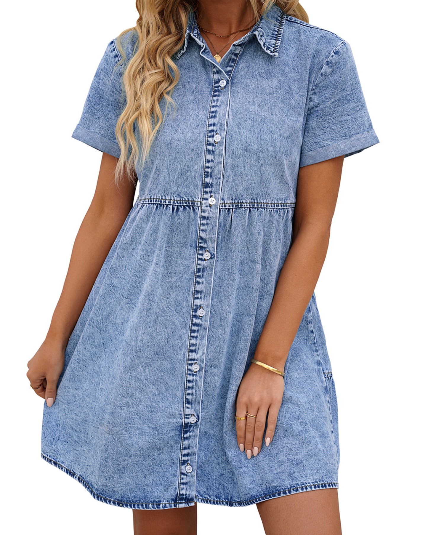 Texairon Denim Babydoll Dress for women's Tiered  Button Down Lapel Collar Jean Short Dresses in Summer