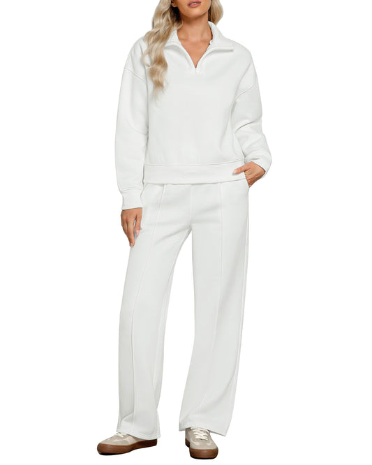 Texairon Women's Fleece Relaxed Fit Two Piece Set Half Zipper Sweatshirt with Flowy Wide Leg Sweatpants Yoga Essentials