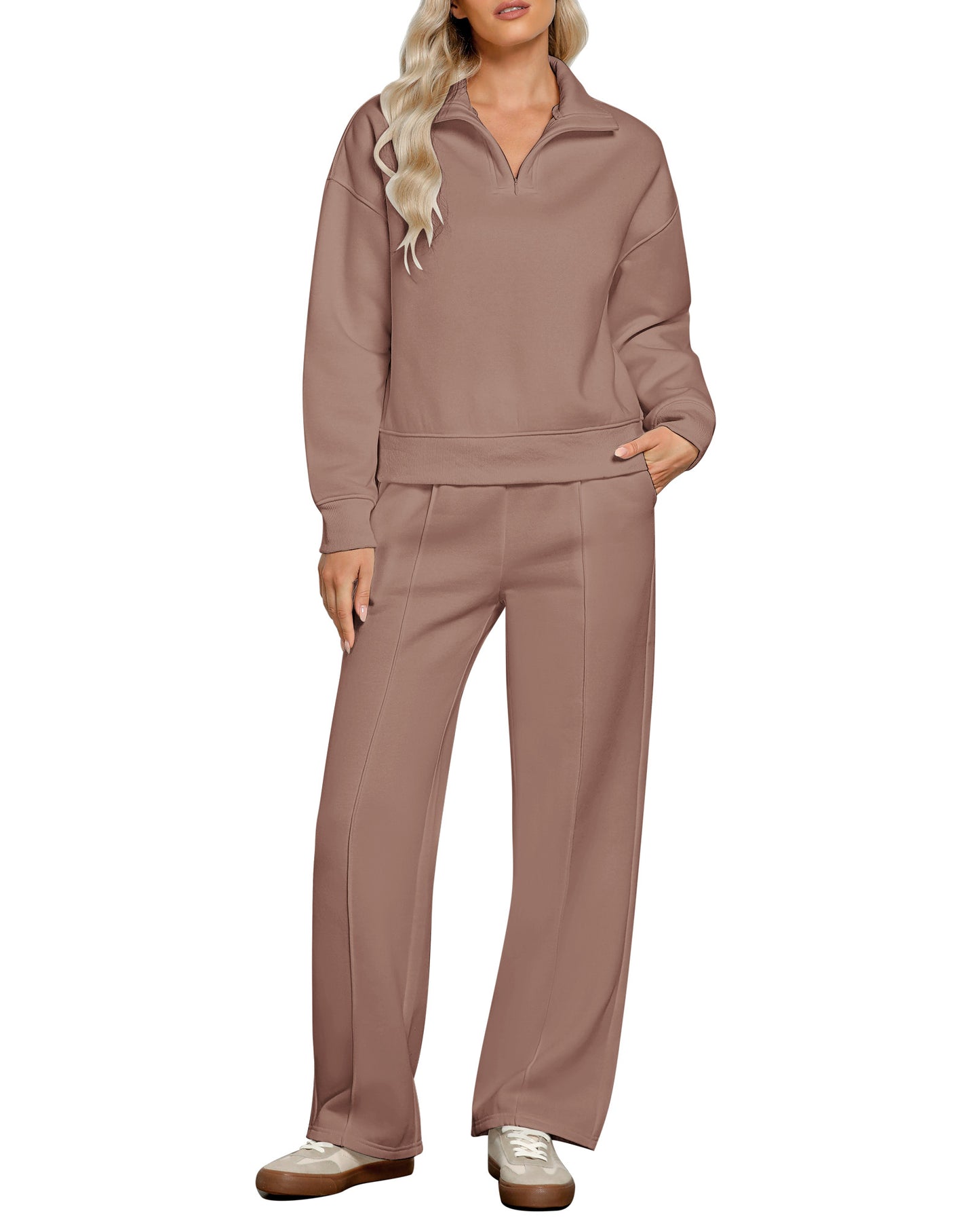 Texairon Women's Fleece Relaxed Fit Two Piece Set Half Zipper Sweatshirt with Flowy Wide Leg Sweatpants Yoga Essentials