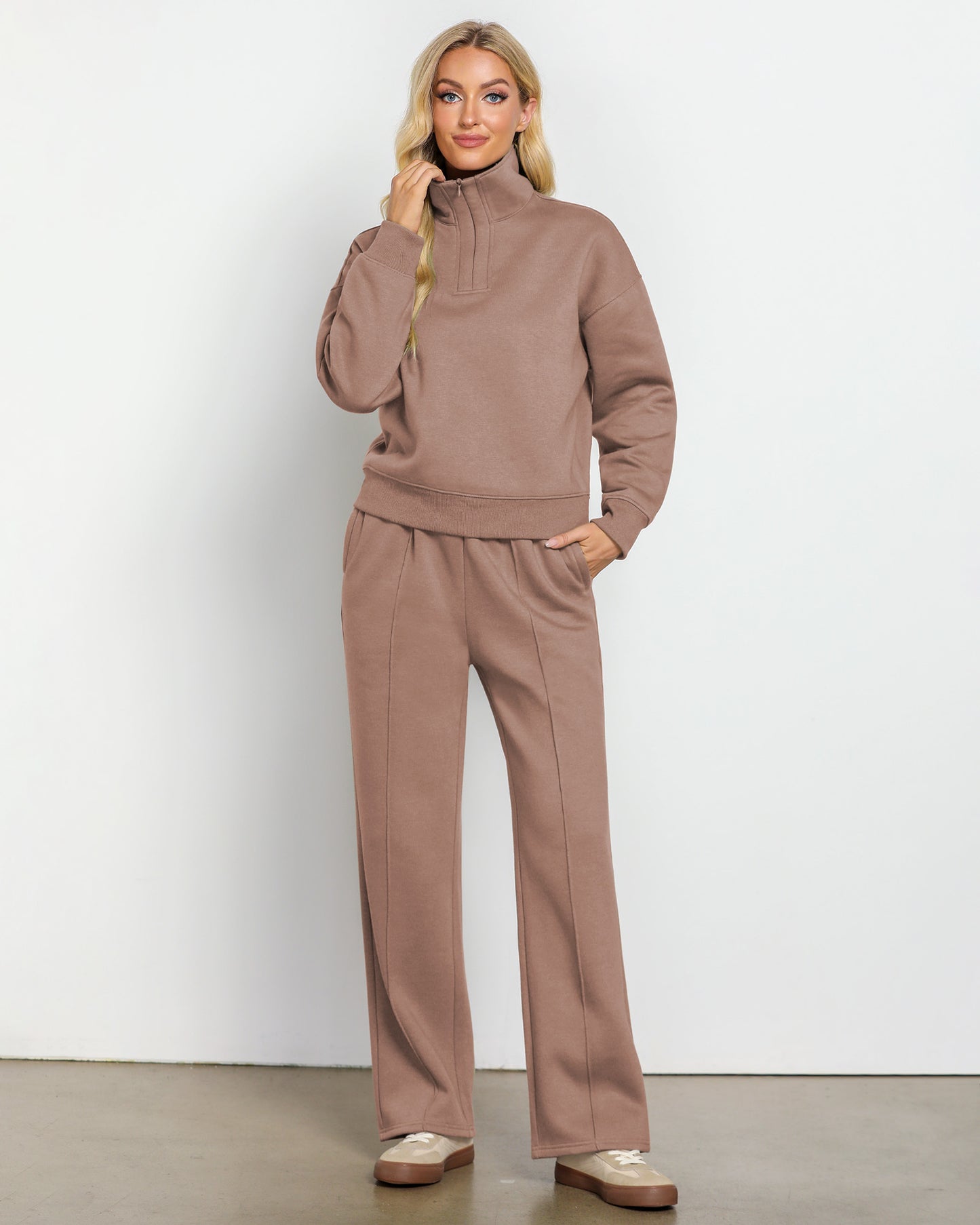 Texairon Women's Fleece Relaxed Fit Two Piece Set Half Zipper Sweatshirt with Flowy Wide Leg Sweatpants Yoga Essentials