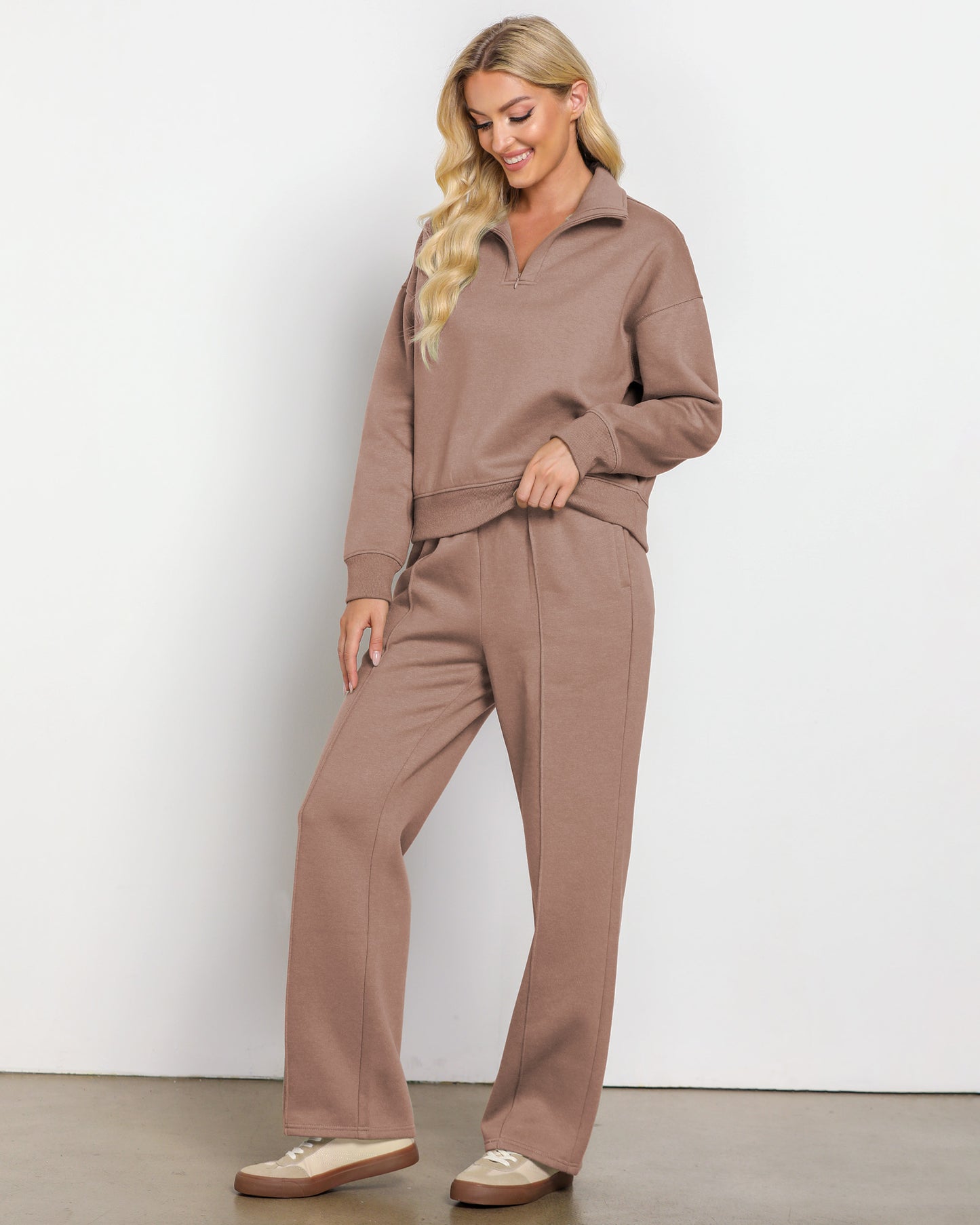 Texairon Women's Fleece Relaxed Fit Two Piece Set Half Zipper Sweatshirt with Flowy Wide Leg Sweatpants Yoga Essentials