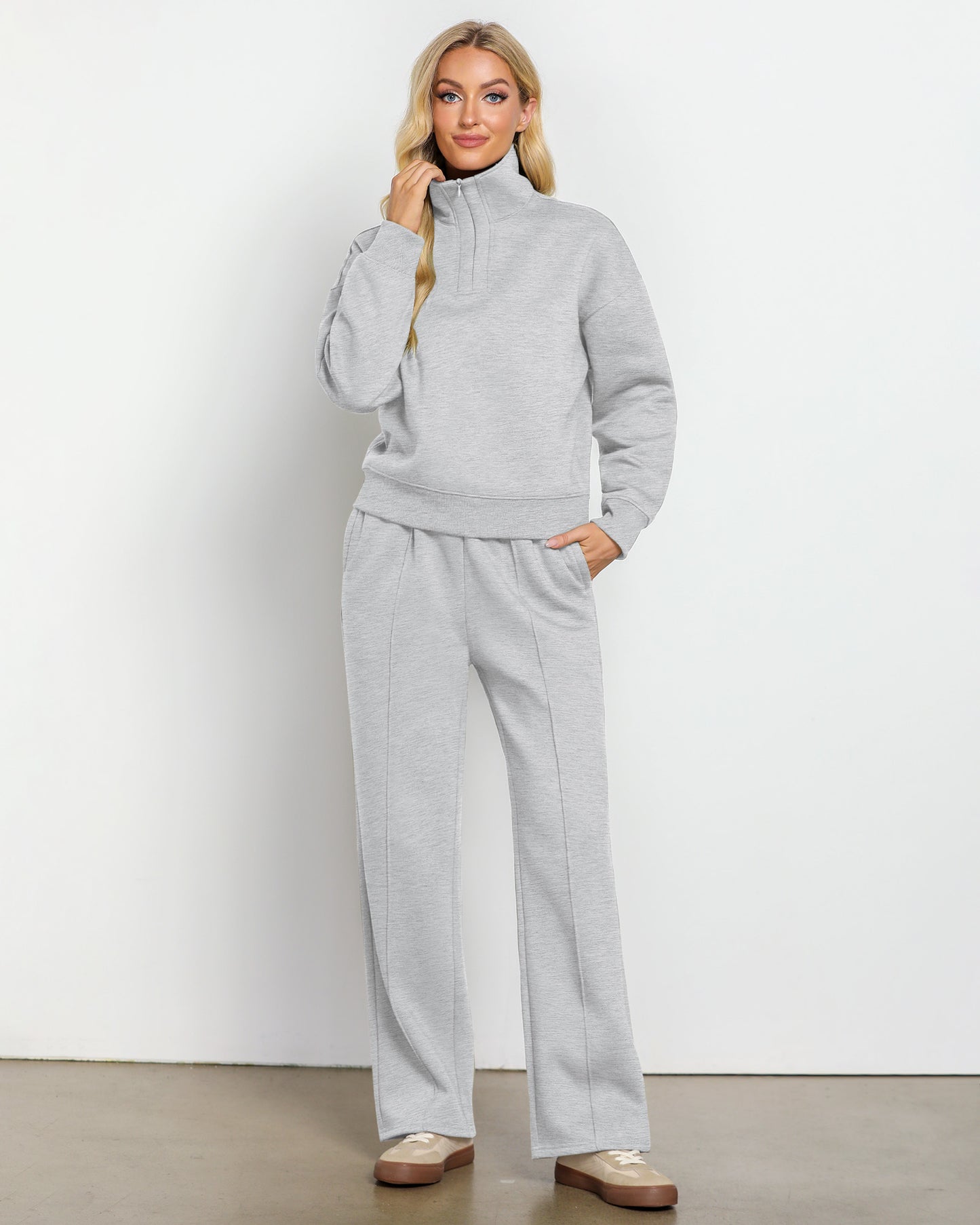 Texairon Women's Fleece Relaxed Fit Two Piece Set Half Zipper Sweatshirt with Flowy Wide Leg Sweatpants Yoga Essentials