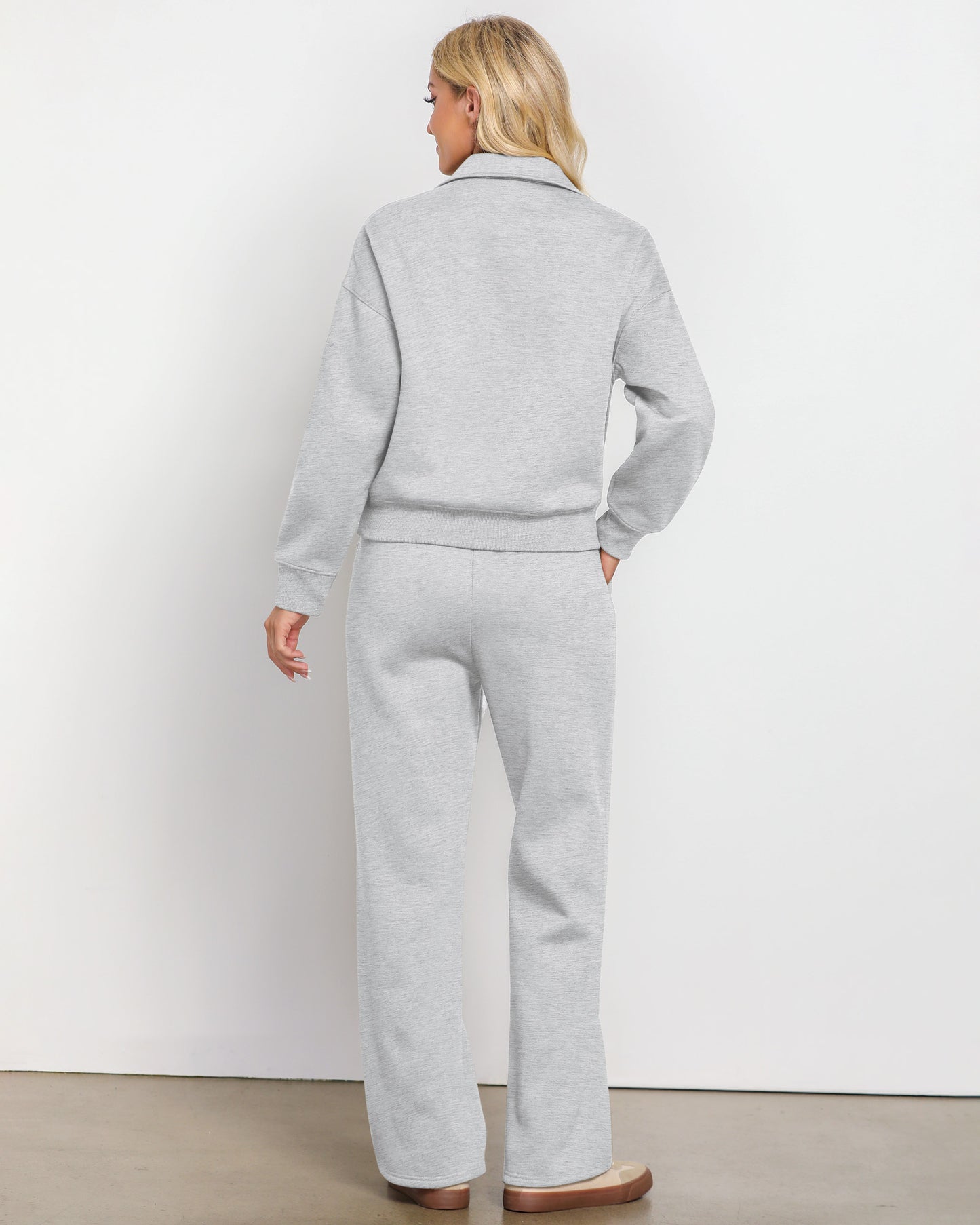 Texairon Women's Fleece Relaxed Fit Two Piece Set Half Zipper Sweatshirt with Flowy Wide Leg Sweatpants Yoga Essentials