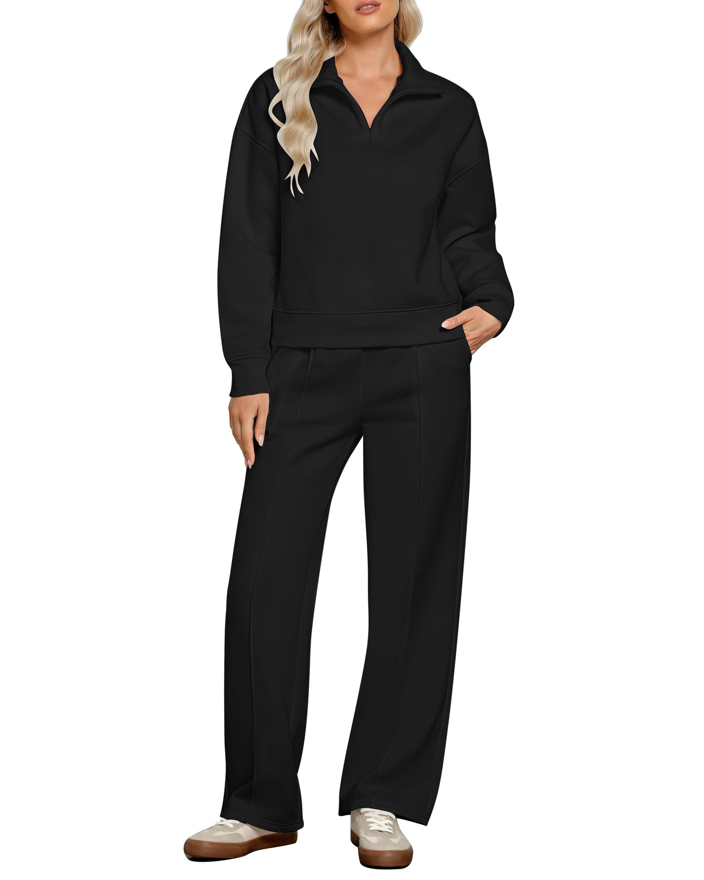Texairon Women's Fleece Relaxed Fit Two Piece Set Half Zipper Sweatshirt with Flowy Wide Leg Sweatpants Yoga Essentials