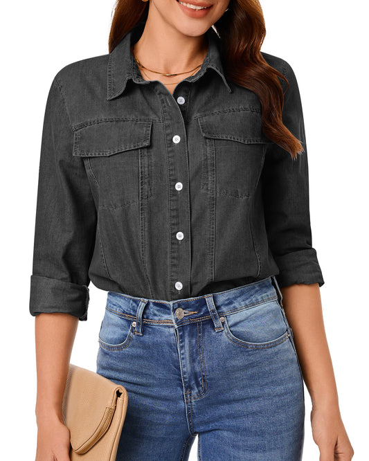 Texairon Women's Denim Button Down Shacket Casual Long Sleeve Shirt with Collar Pocket & Adjustable Cuffs