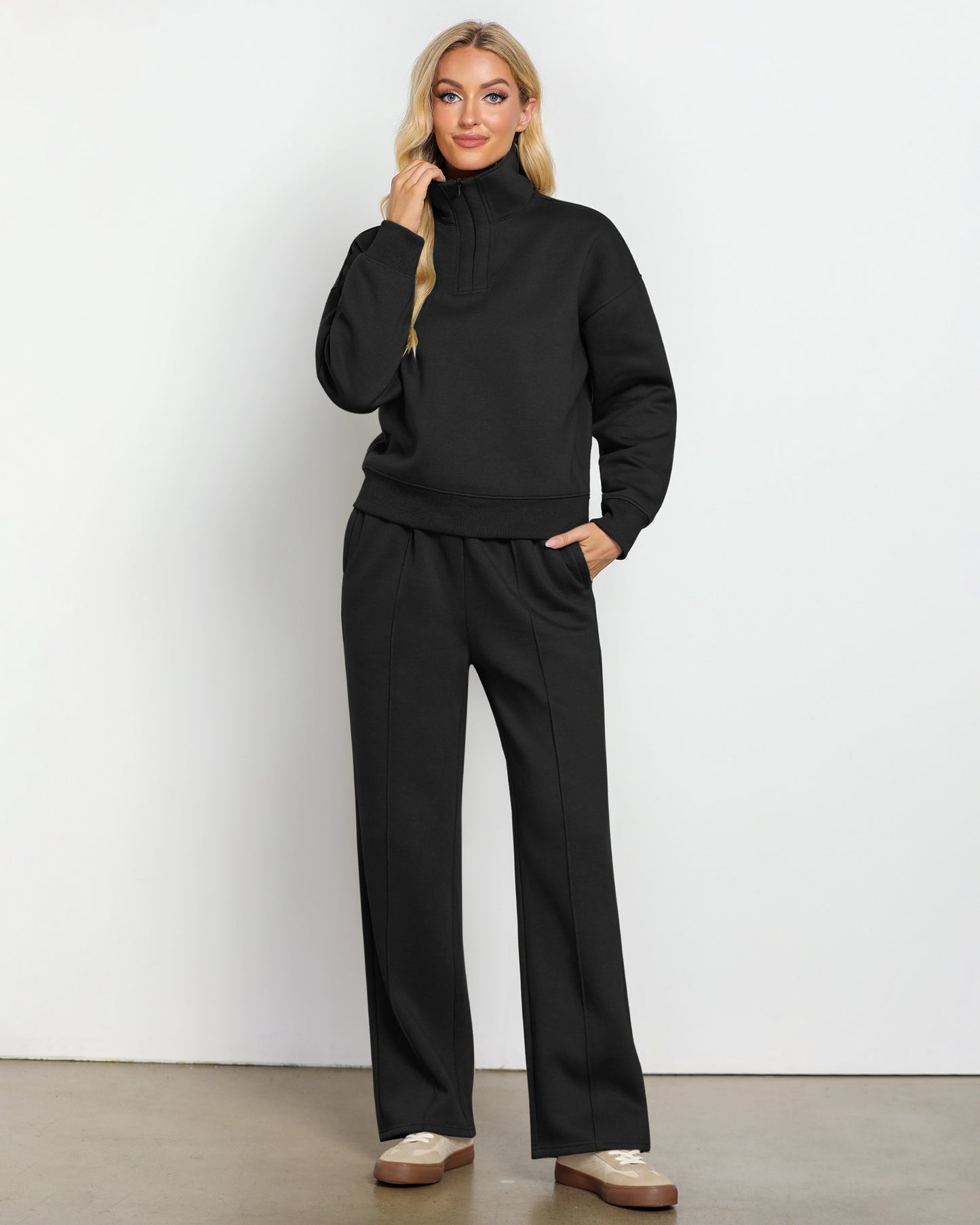 Texairon Women's Fleece Relaxed Fit Two Piece Set Half Zipper Sweatshirt with Flowy Wide Leg Sweatpants Yoga Essentials