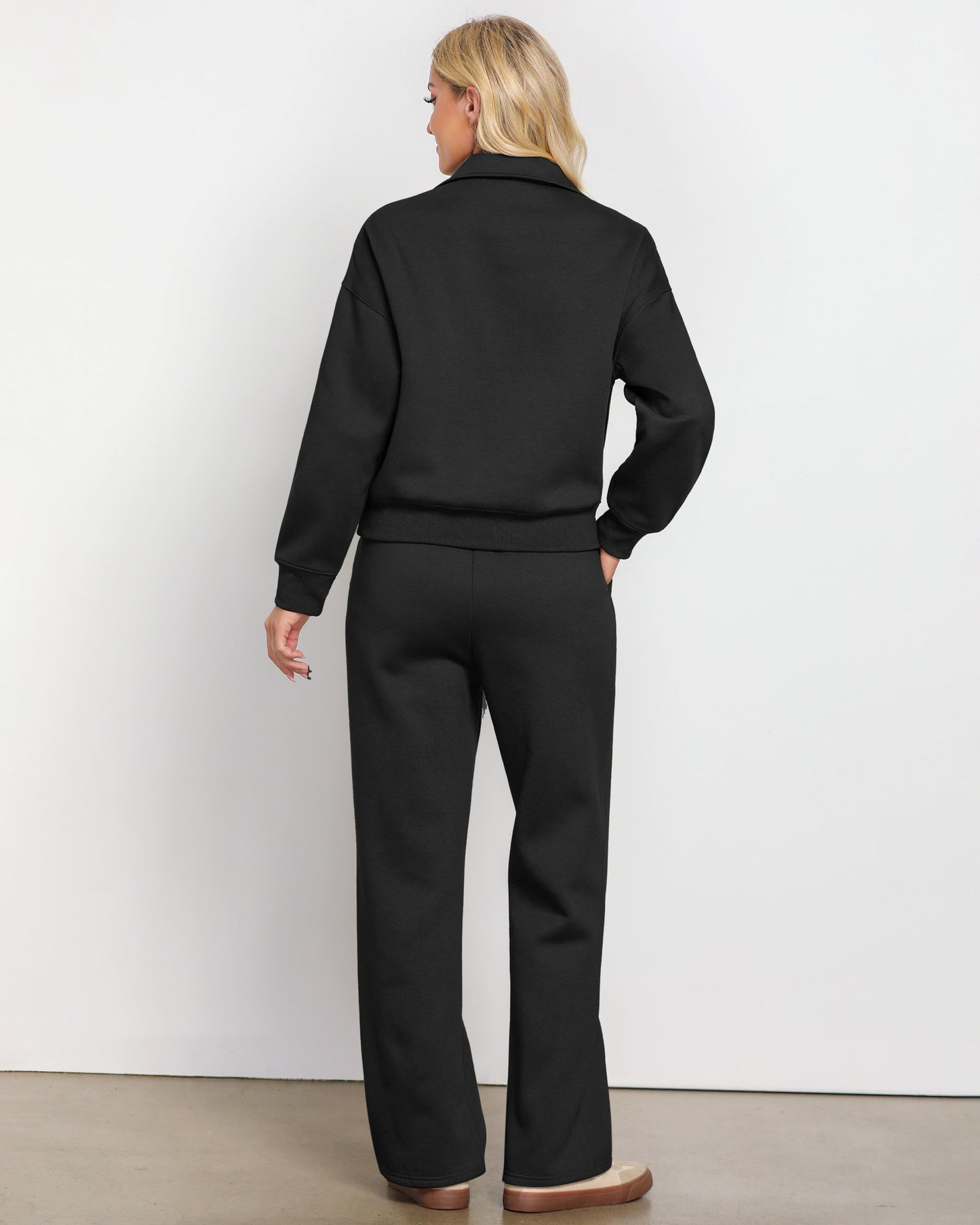 Texairon Women's Fleece Relaxed Fit Two Piece Set Half Zipper Sweatshirt with Flowy Wide Leg Sweatpants Yoga Essentials