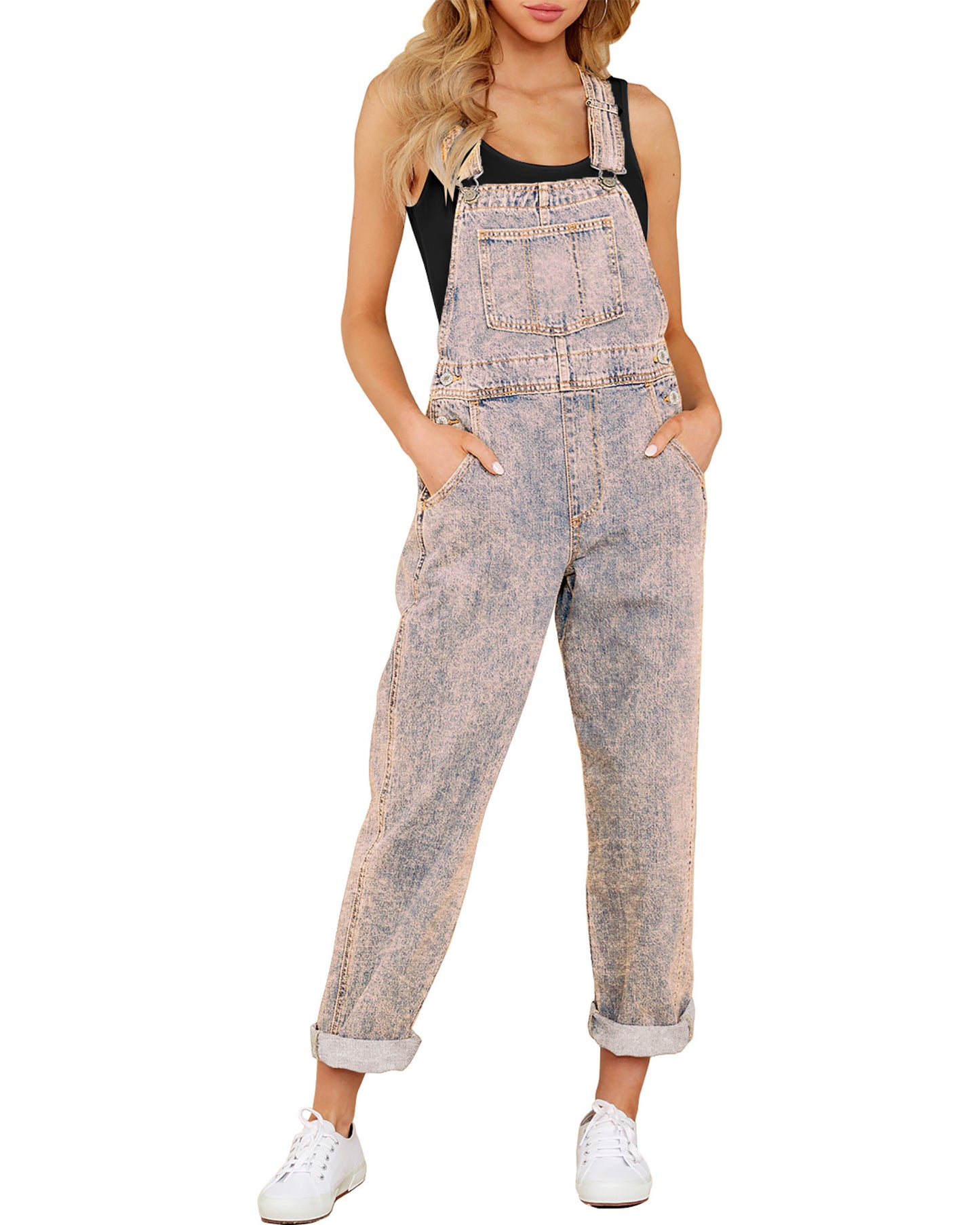 Texairon Loose Fit Denim Overalls Jumpsuit Women Vintage Wash Bib Front Wide Leg Pants