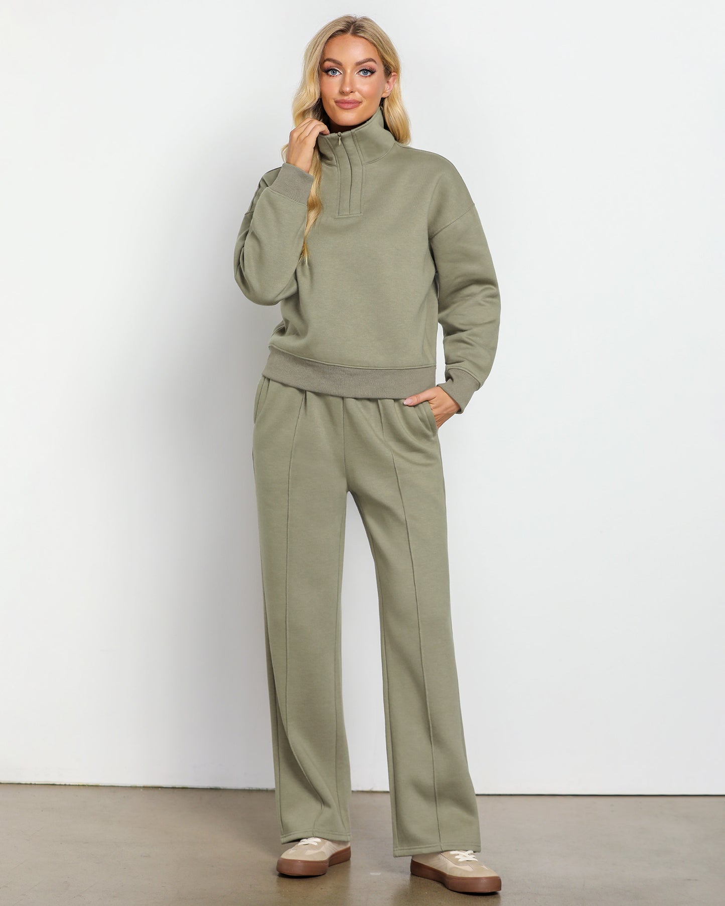 Texairon Women's Fleece Relaxed Fit Two Piece Set Half Zipper Sweatshirt with Flowy Wide Leg Sweatpants Yoga Essentials