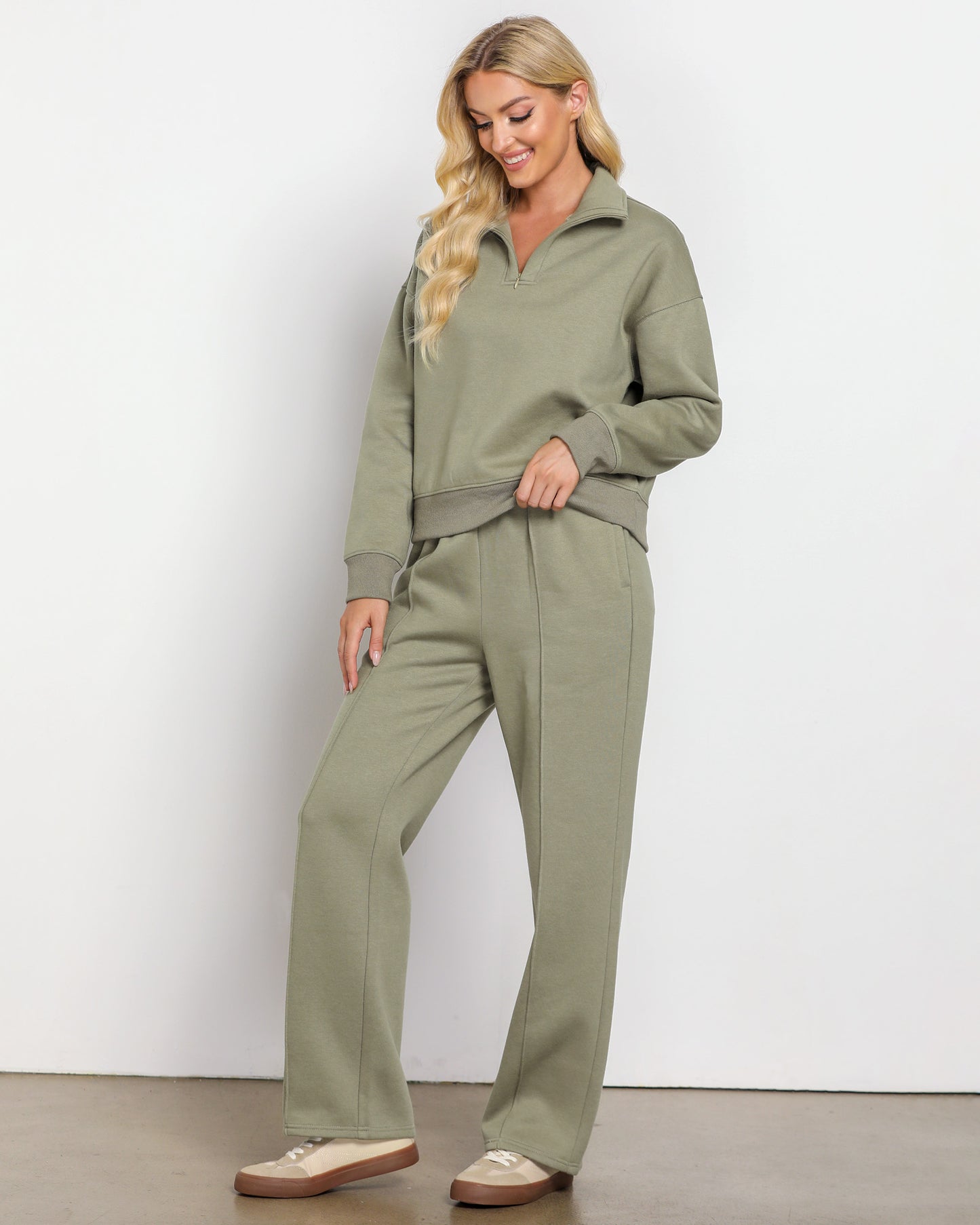 Texairon Women's Fleece Relaxed Fit Two Piece Set Half Zipper Sweatshirt with Flowy Wide Leg Sweatpants Yoga Essentials