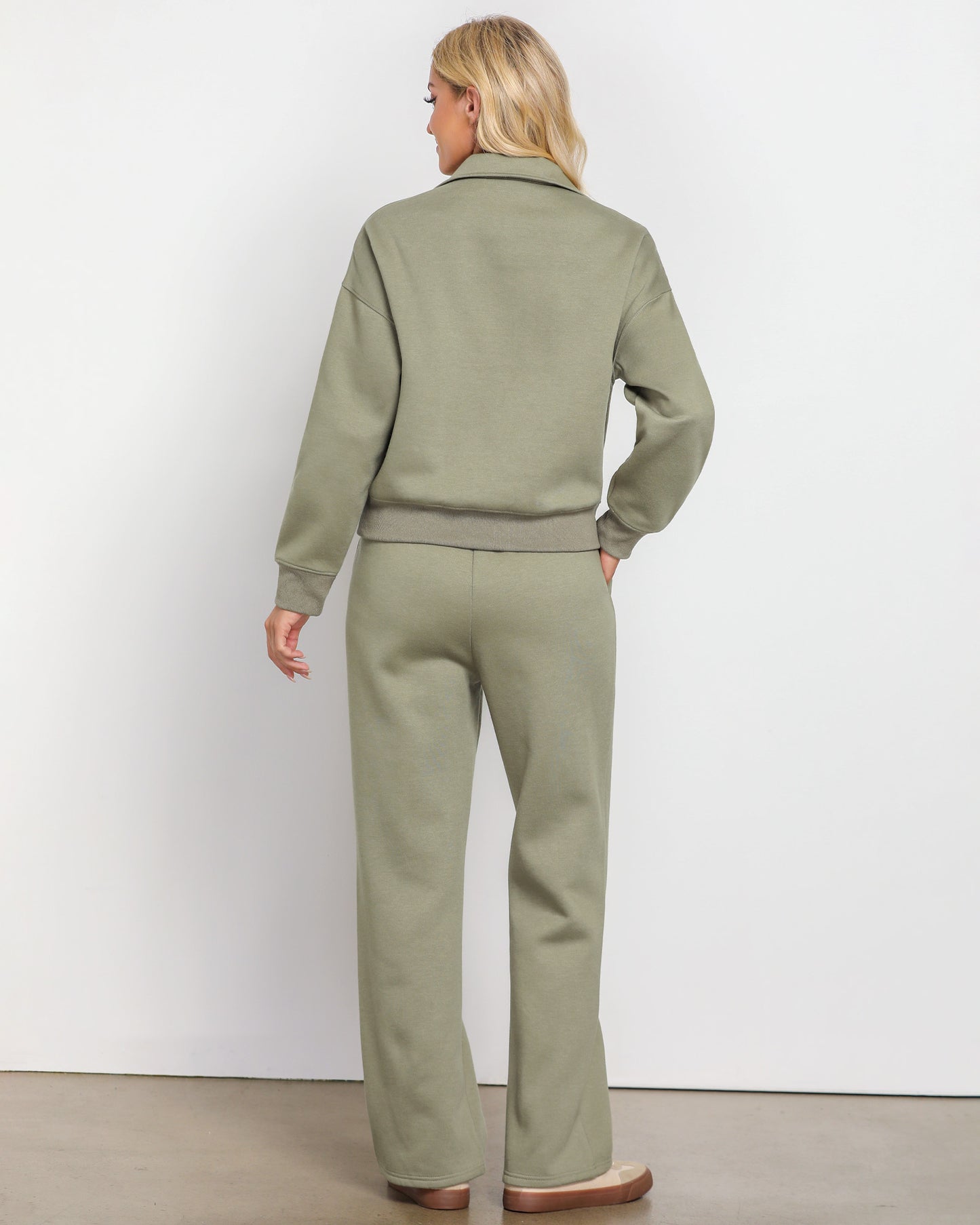 Texairon Women's Fleece Relaxed Fit Two Piece Set Half Zipper Sweatshirt with Flowy Wide Leg Sweatpants Yoga Essentials