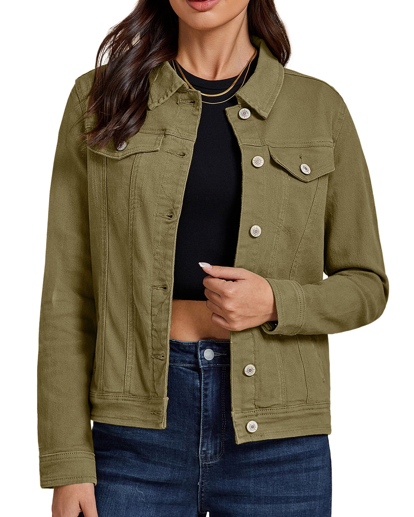 Texairon Women's Classic Lightweight Stretch Button Down Long Sleeve Denim Jacket with Soft Turn Down Collar