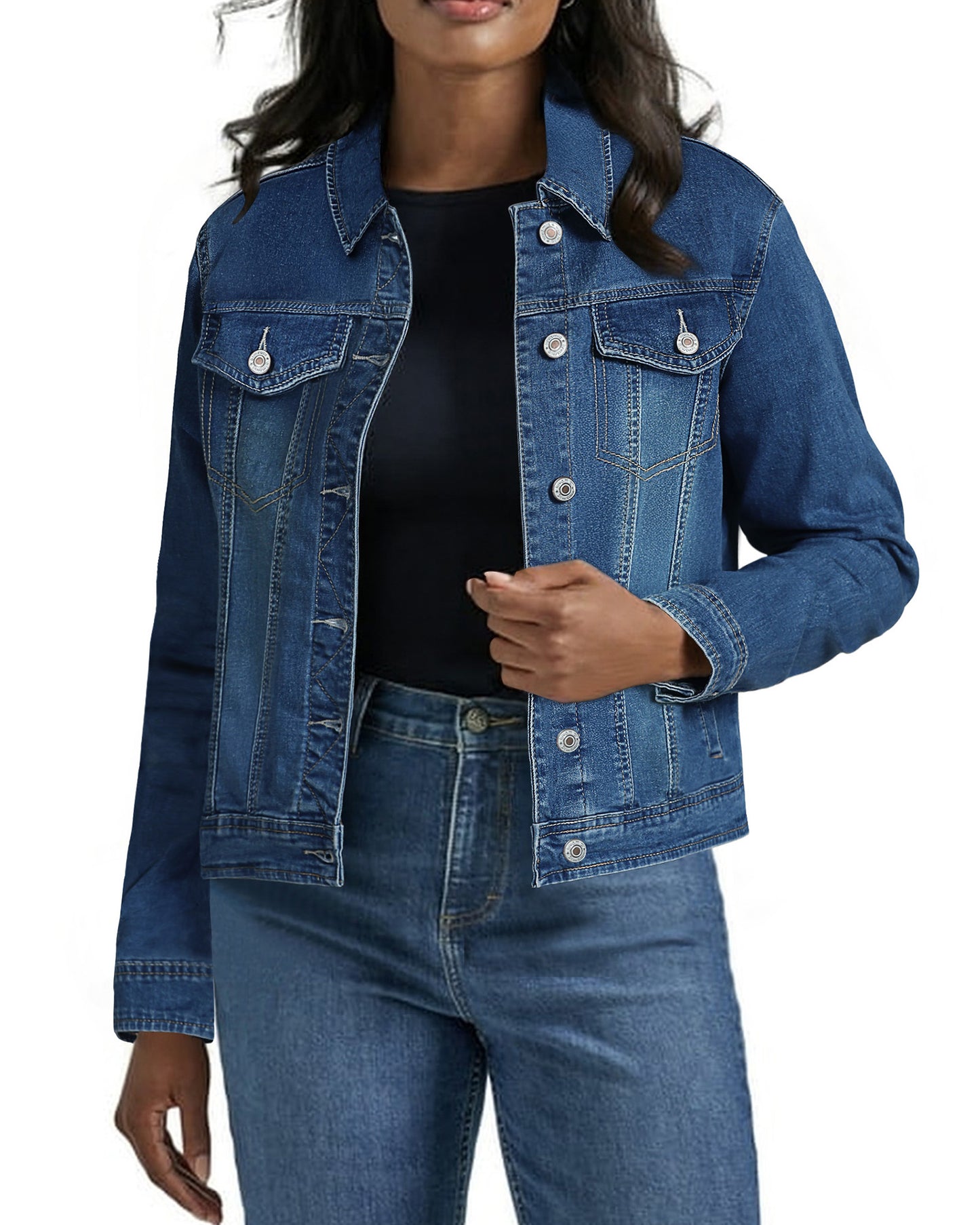 Texairon Women's Classic Lightweight Stretch Button Down Long Sleeve Denim Jacket with Soft Turn Down Collar